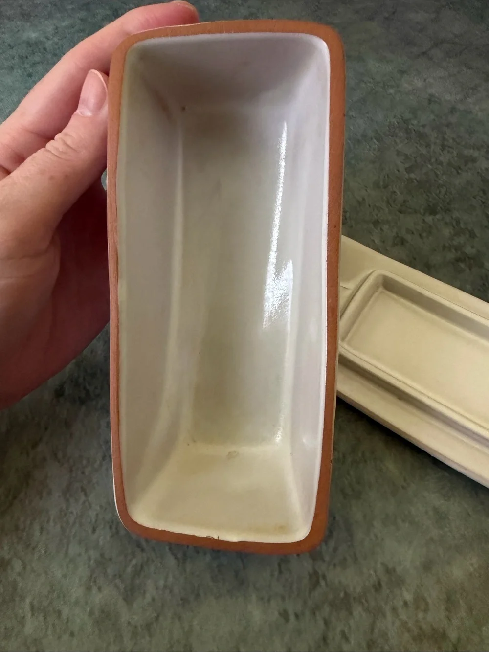 Frankoma White Ceramic Butter Dish with Duck Motif and Blue Bow
